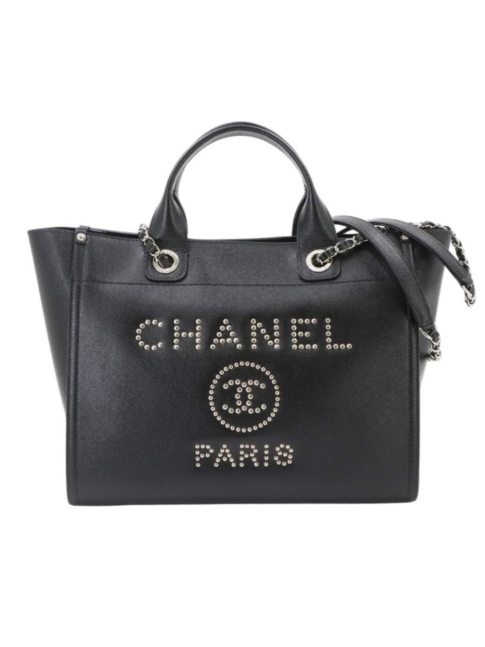 Chanel Deauville 2-Way Chain Tote Shoulder Bag Studs Caviar Leather Black